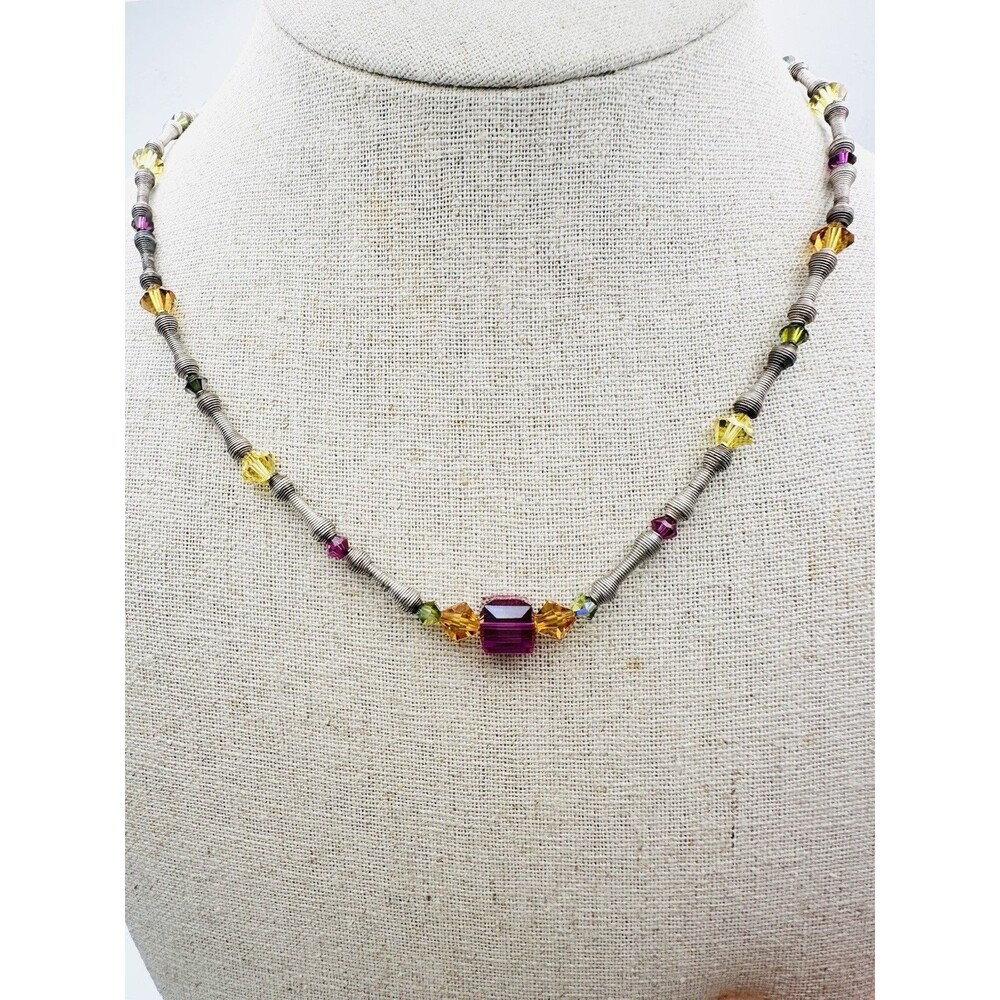 Vintage Emily Ray Sterling Silver Crystal Beaded Coil Necklace 17.5”